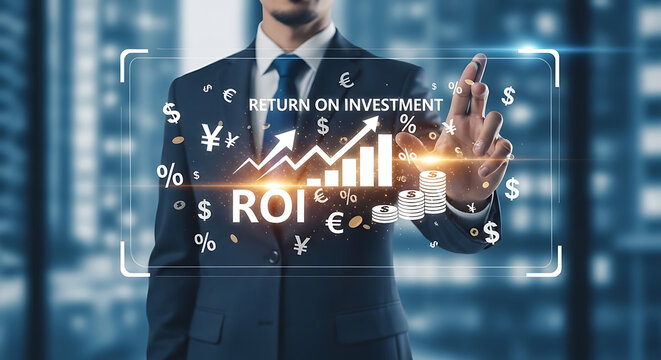 Expert businessman displaying luminous ROI growth icons and financial statistics on an advanced virtual digital interface with futuristic holographic symbols for corporate investment success