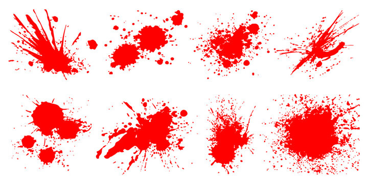 Red ink splat and blood splatter vector illustration featuring grunge paint drips and artistic spray texture stains on a decorative pattern design