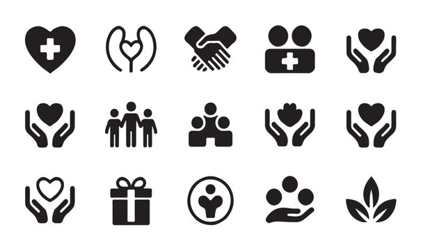 Medical and social care icons featuring hands holding heart and family community symbols.