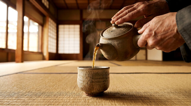 Person pouring hot tea from teapot into cup on tatami mat in traditional japanese room