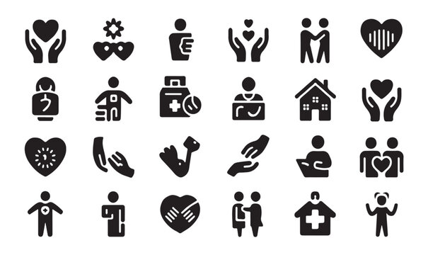 Set of human organ donation and health care icons, like heart and hand, love and care.