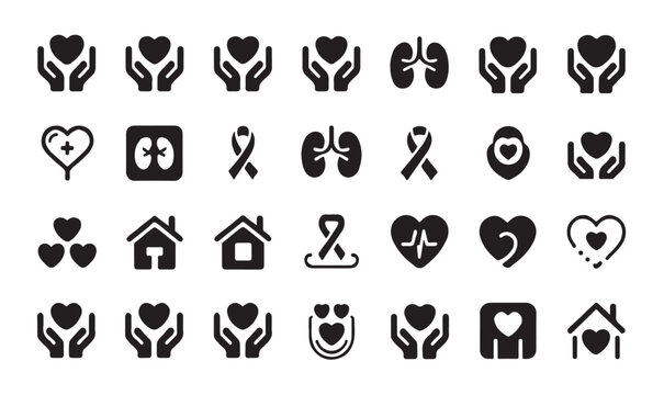 Set of medical and organ donation icons, including heart, lungs, and ribbon symbols.