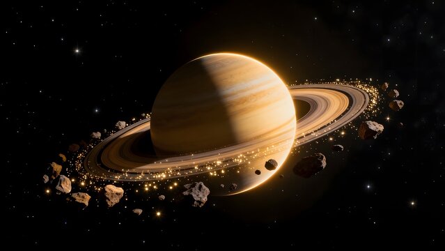 Saturn with rings and asteroids in space
