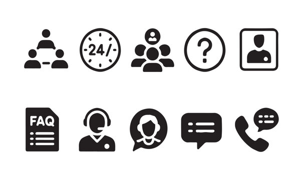 Black silhouette customer service icons for help center FAQ and technical support design.