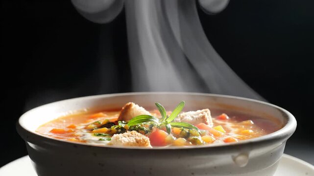 Sup Ayam Sayuran Hangat. Semangkuk sup ayam sayuran panas dengan kuah bening kecokelatan, potongan wortel dan jagung, serta hiasan daun herbal segar, disajikan dalam mangkuk keramik dengan uap yang te
