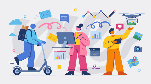 This image captures a lively workspace depicting diverse professionals collaborating with technology, embodying innovation and teamwork in a visually stimulating environment.