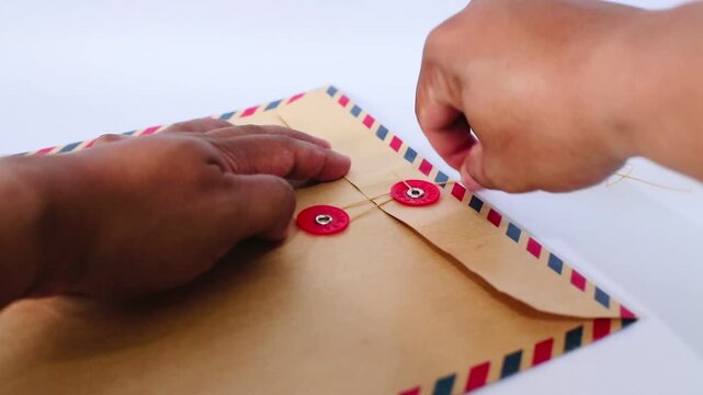 Two hands close a brown envelope. Red button secures the flap. Simple gesture suggests care or delivery. Light background makes focus clear. Ideal for themes of communication or trust