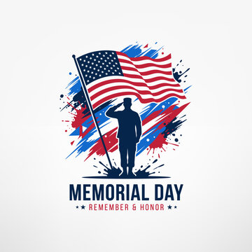 Memorial day remember and honor, soldier silhouette salutes in front of a distressed american flag with paint splatters, bold patriotic colors and artistic elements.