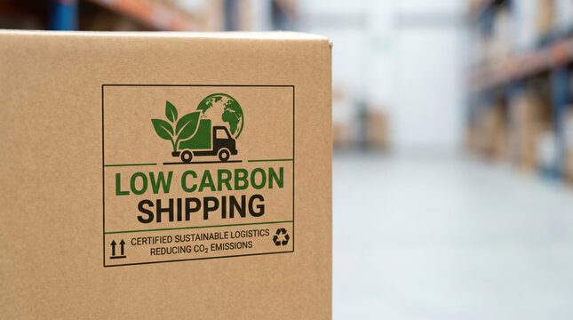 Low carbon shipping label cardboard box warehouse showing environmental commitment and business compliance with regulations for sustainable