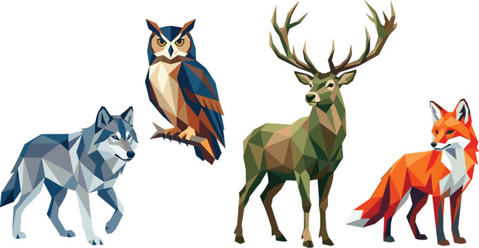 Low Poly Forest Animal Set with Wolf, Owl, Stag Deer, and Fox in Bold Geometric Triangle Style for Modern Nature Designs