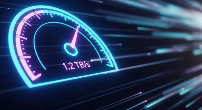 Immediate data submission concept with glowing speedometer showing fast digital transfer rate in futuristic style