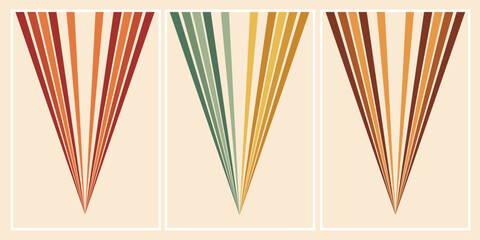 A set of three minimalist abstract wall art prints featuring retro 70s style sunburst geometric lines in warm earth tones, green, and brown color palettes. © Uilex 