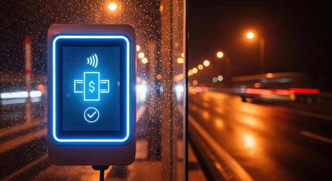 Contactless payment terminal glowing at night on rainy smart city street showing infrastructure for digital transactions