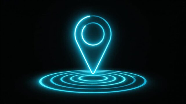 Glowing neon blue map marker icon with radiating light ripples, illustrating digital navigation, GPS technology, and pinpointing a precise location on a dark background