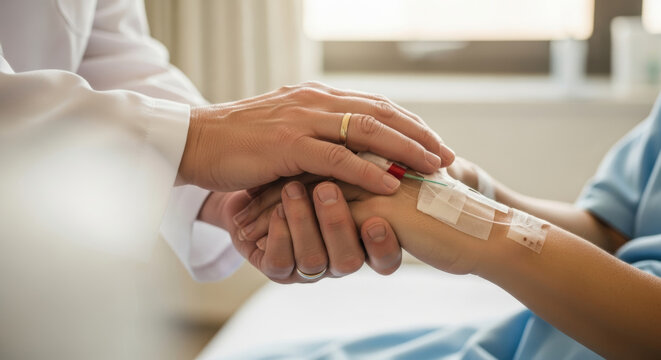 Treating kidney disease with compassionate care shown by doctor holding patient hand with intravenous line in hospital room light
