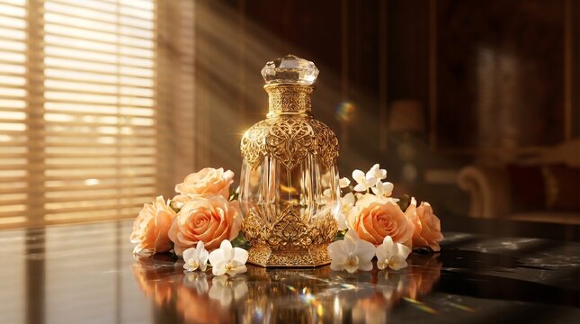 Luxurious Arabian perfume bottle with ornate gold filigree, surrounded by peach roses on a reflective dark marble surface under dramatic morning sunbeams.