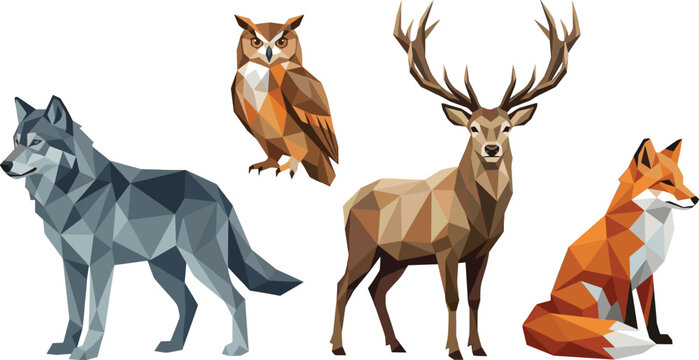 Low Poly Forest Animal Set with Wolf, Owl, Deer, and Fox in Geometric Triangle Style for Modern and Nature Designs