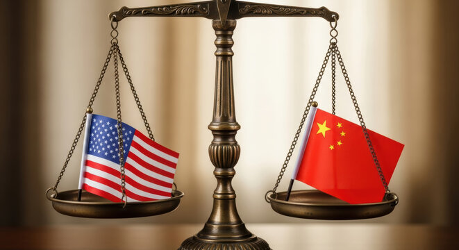 US flag China flag balance scale trade tensions political concept diplomacy international relations conflict negotiation symbol metal red blue