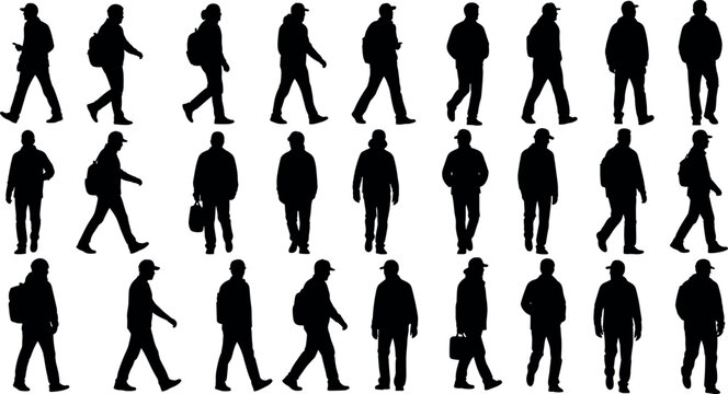 Twenty‑four silhouettes of a person walking with hat and backpack, arranged in grid sequence, illustrating human gait, pedestrian motion, and lifestyle rhythm.