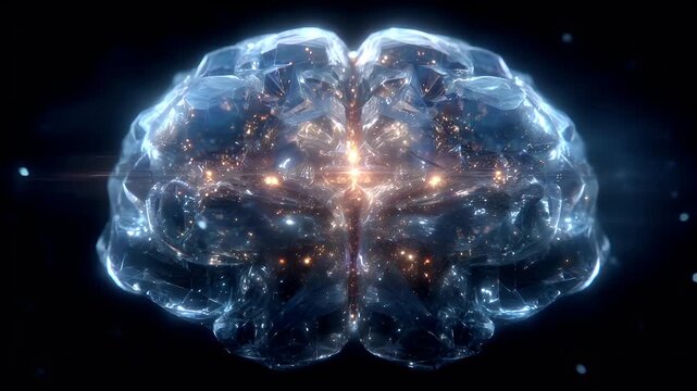Artificial intelligence. Neuron network. A digital artwork depicts a detailed, intricately designed brain. The brain is rendered with a transparent, translucent material that reflects light.