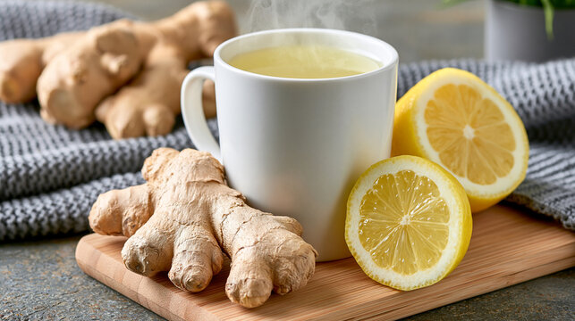 Hot ginger lemon tea in a white mug with fresh ginger roots and lemon slices on wood