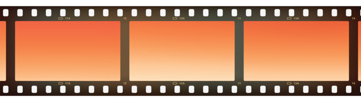Vintage film strip frame with orange gradient background used for cinema photography and movie production templates in horizontal panoramic format