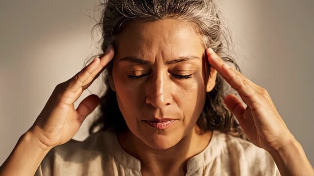 Middle-aged woman suffering from a headache or migraine. Female experiencing stress, pain, or hormonal imbalance. Health and wellness concept