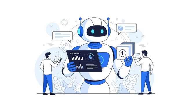 A friendly robot assistant working with people on data analysis and information management.