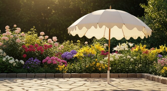 An elegant cream parasol stands on a stone terrace, surrounded by a lush summer garden filled with colorful blooms and warm golden sunlight, seasonal, backyard, yard