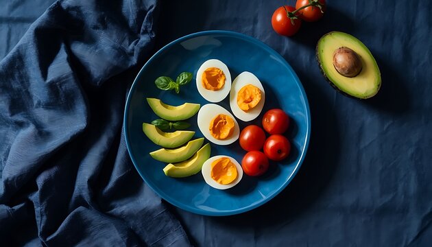 A vibrant blue plate showcases hard-boiled eggs halved with yellow yolks alongside fresh sliced avocado and cherry tomatoes on a dark cloth backdrop