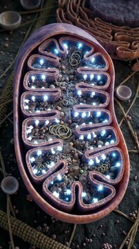 Mitochondrion, illustrating cellular energy production, showing glowing internal membrane structures, crucial biological mechanism, microscopic view of organelle function.