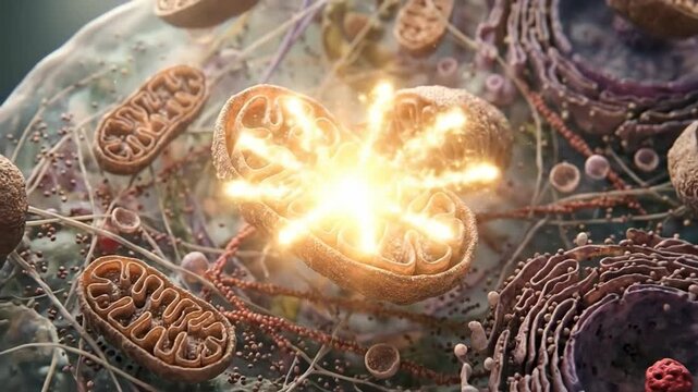 Mitochondrion generating cellular energy, producing adenosine triphosphate, emitting glowing particles within organic intracellular structure, powering metabolic process.