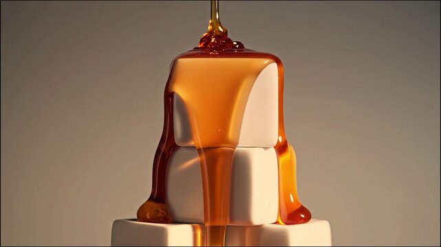 Golden honey pouring over white sugar cubes on neutral background