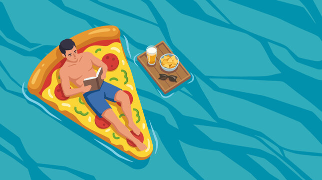 A fun and quirky illustration of a person reading on a pizza-shaped float, surrounded by a refreshing pool setting that perfectly captures summer vibes and leisure.