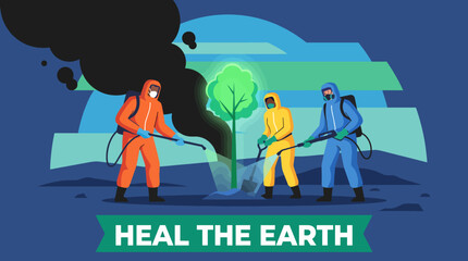 This striking image showcases individuals in protective gear working collaboratively to heal the earth, symbolizing collective action against environmental degradation. © Xiaoling