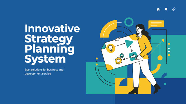 This vibrant illustration captures the essence of innovative strategy planning with a character focused on goal-oriented actions and visual tools, ideal for business development discussions.