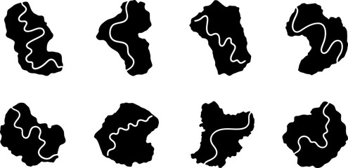 Set of river and island map silhouettes for geography projects and travel themed graphic design assets © PIXAVIVE