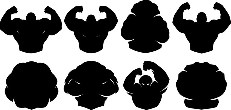 Collection of eight muscular bodybuilder chest and arm silhouettes vector