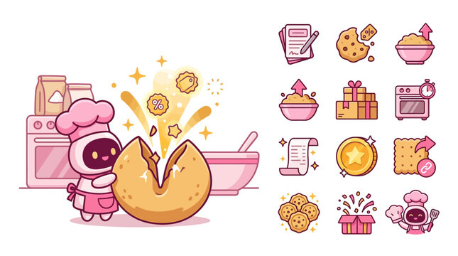 Kawaii robot chef in pink apron opening large fortune cookie with glowing discount tags and bonus icons featuring baking tools, gift boxes, and gold star rewards in flat vector style.