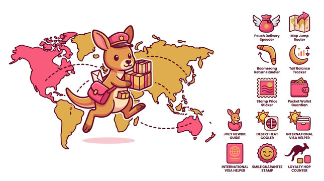 Cute chibi kangaroo courier jumping over a stylized world map with cardboard boxes and a mail bag. Includes collection of shipping and travel icons on white background.