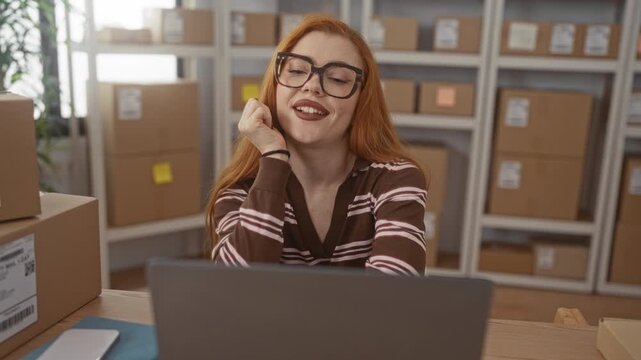 Woman with laptop resting chin on hand and smiling while surrounded by shipping boxes and shelving in building; business contentment.