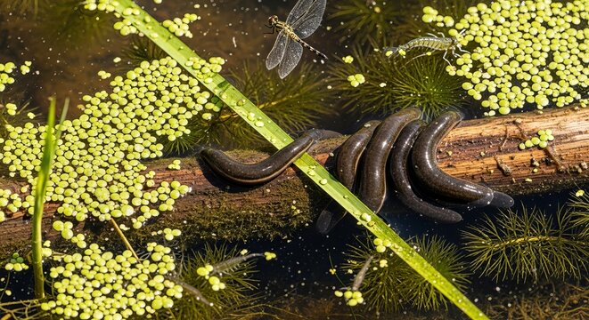 Several dark leeches coil tightly around a submerged wooden log in a pond while a dragonfly flies nearby in this detailed view of aquatic life within a natural habitat