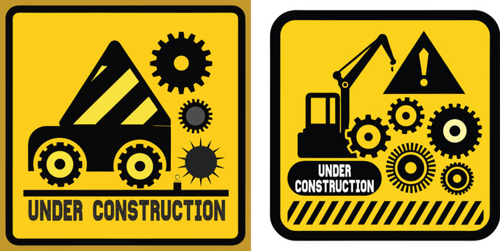 Commercial Construction Safety Sign Collection with Yellow Black Warning Theme Under Construction Typography and Mechanical Engineering Symbols for Marketing and Branding