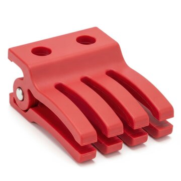 Red plastic clamp with adjustable grip fingers for secure holding applications