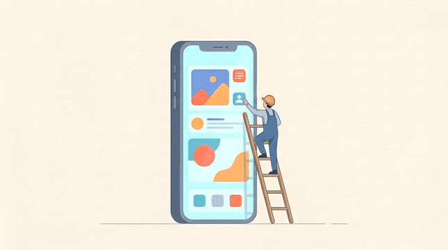 Mobile App Development and UI/UX Design Concept with Miniature Engineer on Ladder