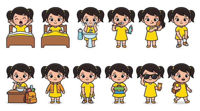 Vector illustration set of a cute young girl's daily morning routine including waking up, washing face, brushing teeth, combing hair, getting dressed, eating breakfast and going to school.