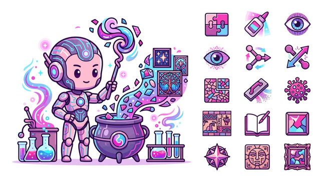Flat vector illustration of a cute chibi robot using a wand to mix a glowing potion in a cauldron, featuring alchemy flasks, test tubes, and a collection of creative digital icons.