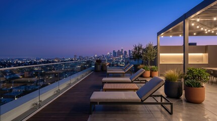 Naklejka premium Rooftop terrace with lounge chairs and city skyline at dusk for luxury balcony lifestyle background and evening hospitality design