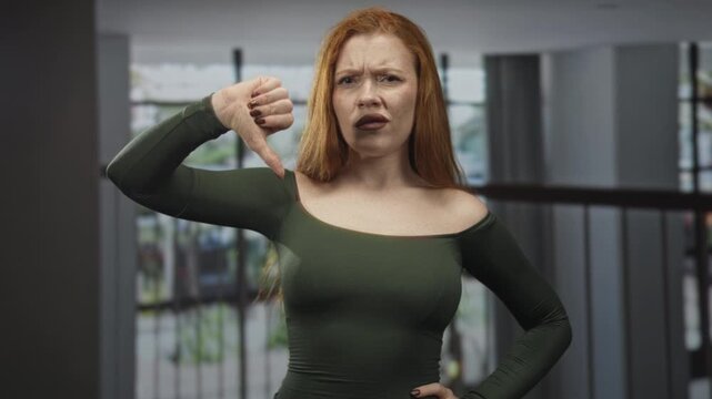 Redhead woman with bare shoulder giving thumbs down gesture in a modern building lobby wearing green off shoulder top; disapproval critique.