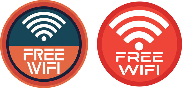 Wi-Fi logos, one on the left and one on the right. The left logo is a dark blue circle with a white Wi-Fi symbol on top and the words "FREE WI-FI" written in white text below. The right logo is a bri